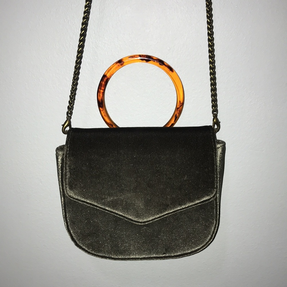 Anthropologie Olive Green Velvet Lucite Handle Crossbody Shoulder Bag